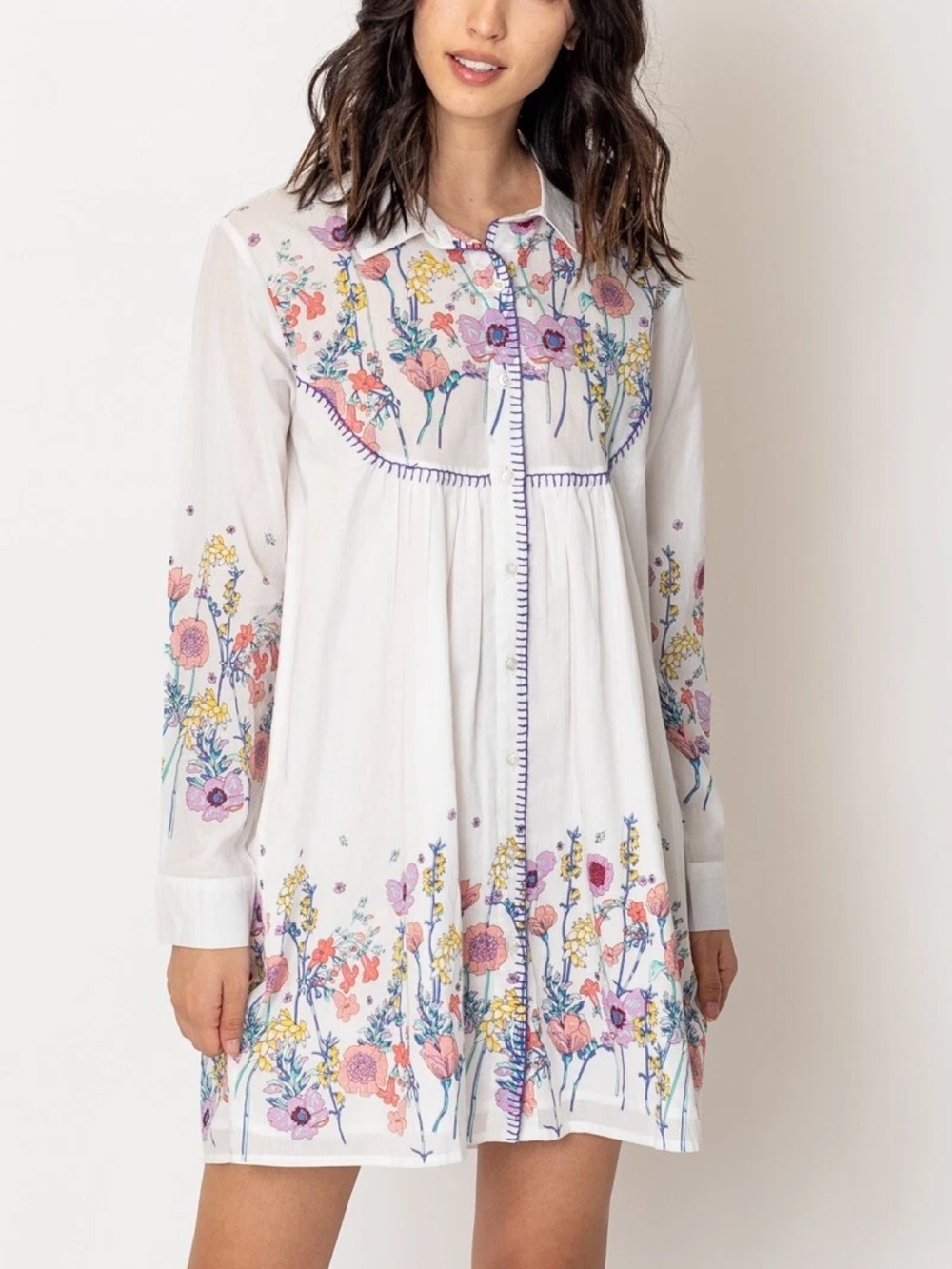 En Crème Floral Cotton Shirt Dress S Cottagecore Boho Romantic Button Front